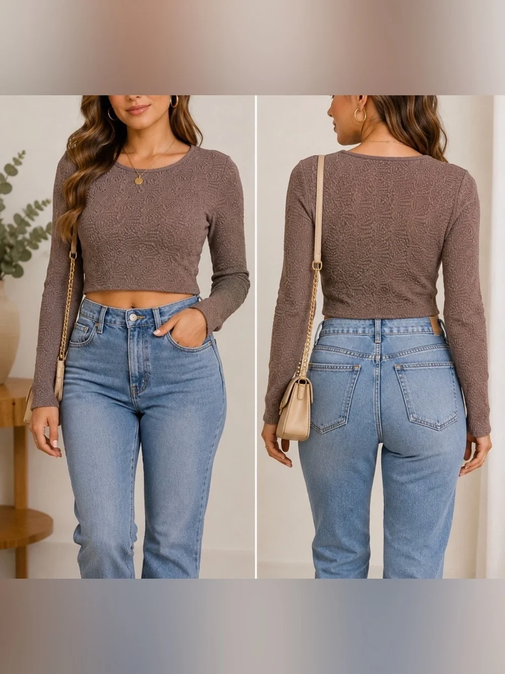 Zara Brown Fitted Long Sleeve Crop Top